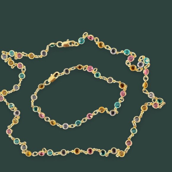 Multicolor Bezel Set Crystal Gold Plated Necklace Bracelet Set Dainty Layering - Picture 2 of 7